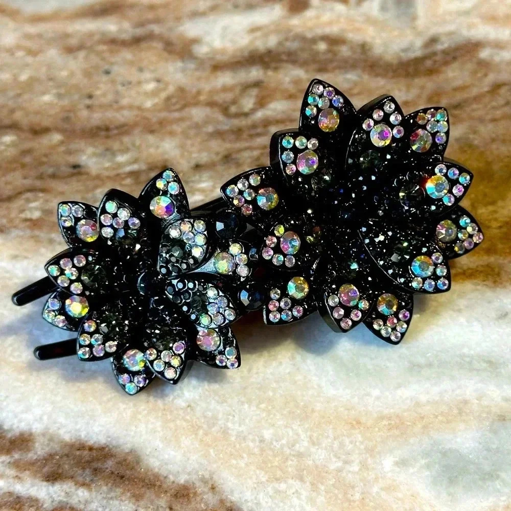 Dark Green, Olive & AB Ombre Floral Crystal Rhinestone Hair Clip Claw Large - Picture 1 of 4